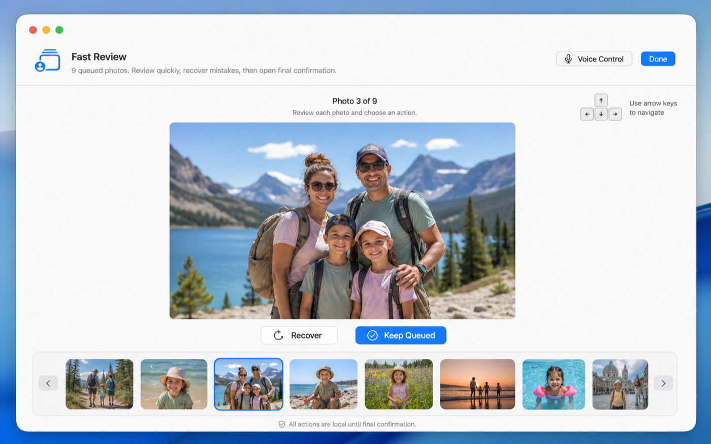 Tend Photos Fast Review flow showing one photo with Keep and Recover options