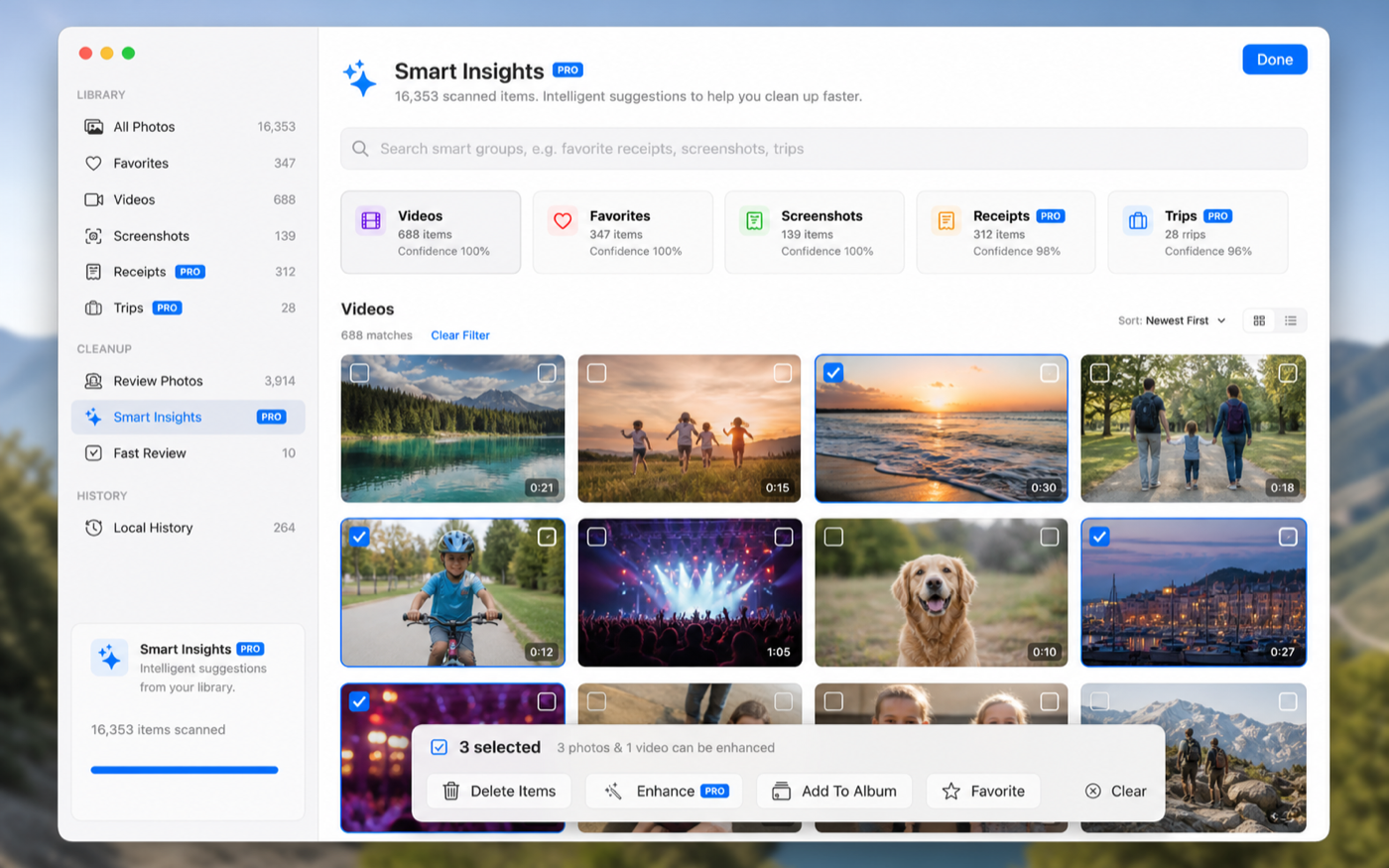 Tend Photos Smart Insights categorizing a library into Videos, Screenshots, Receipts, Landscapes, and People