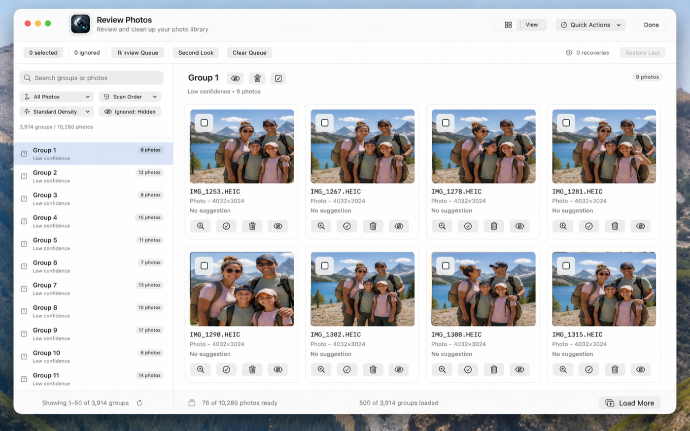 Tend Photos Review workspace showing duplicate photo groups side by side on a Mac