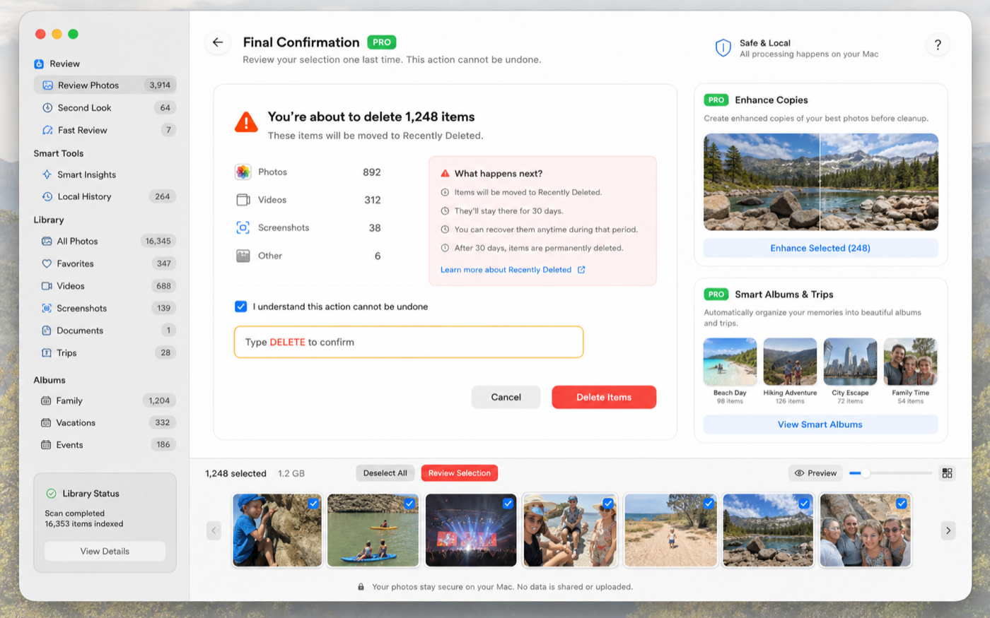 Tend Photos final delete confirmation with a typed DELETE field, iCloud warning, and a prominent Cancel button